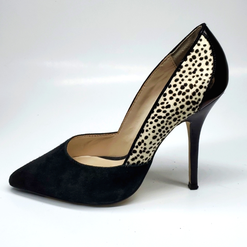 Karen Millen Black Suede Calf Hair Animal Print Pointed Toe Stiletto Heels Pumps